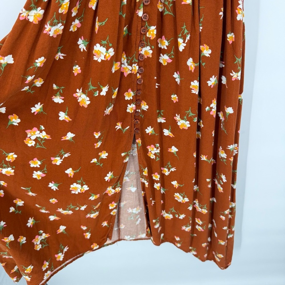 Wrangler Womens Medium Midi Dress Rust Floral Boho Smocked Waist Button Front - Picture 6 of 7
